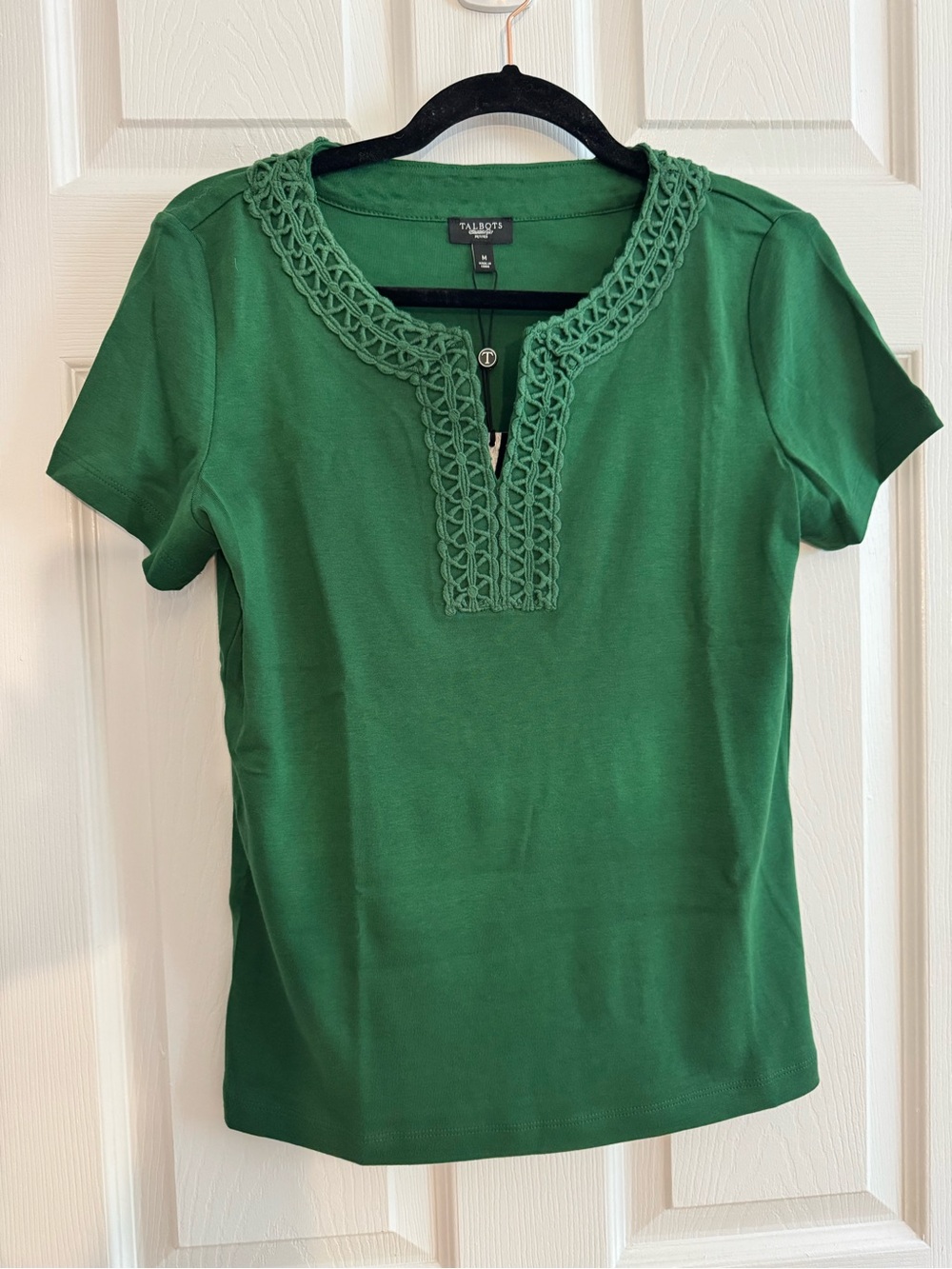 NWT Talbots Crochet Trim Split Neck T-shirt Medium Petite